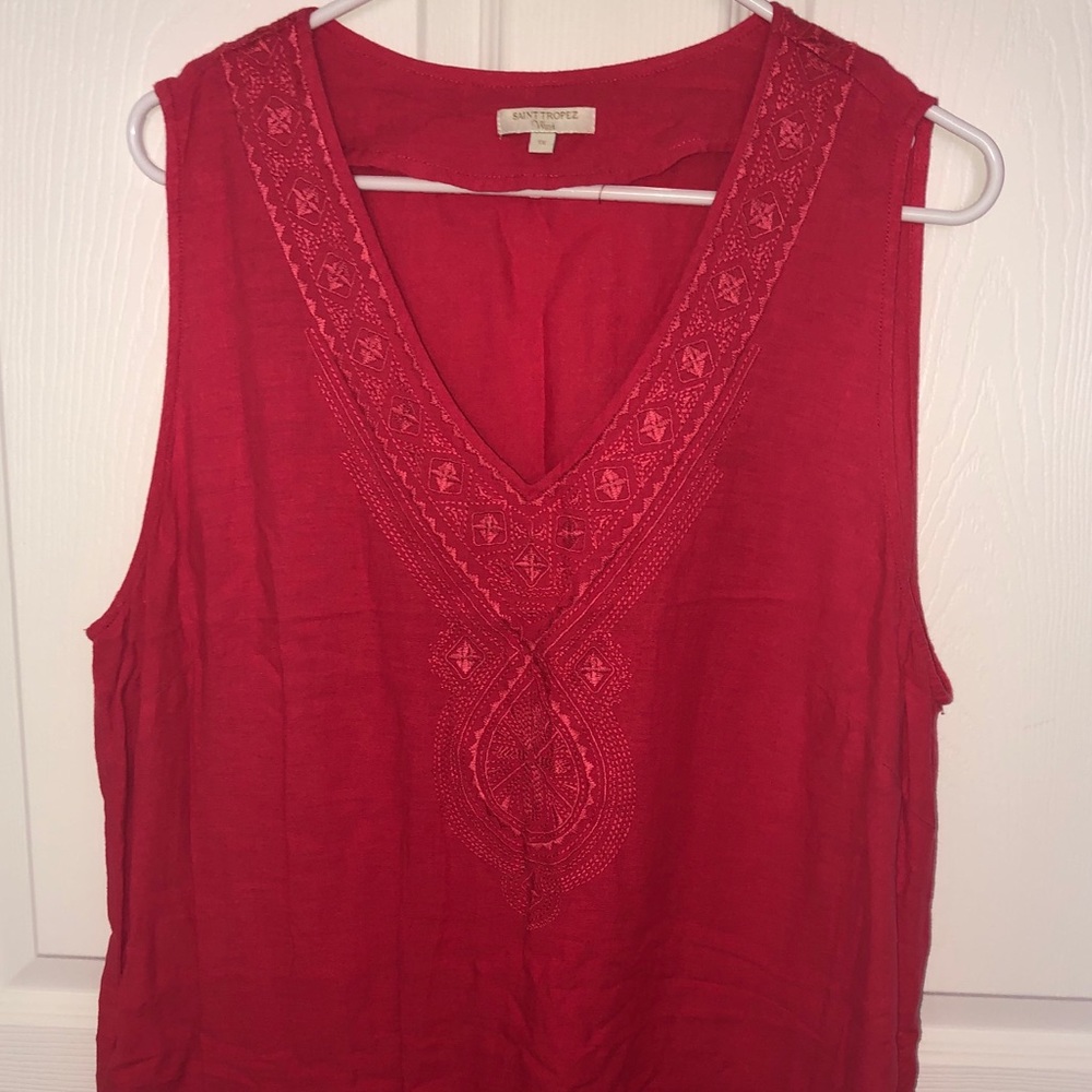 Bright Coral V-Neck Tank Top with Embroidered Neck